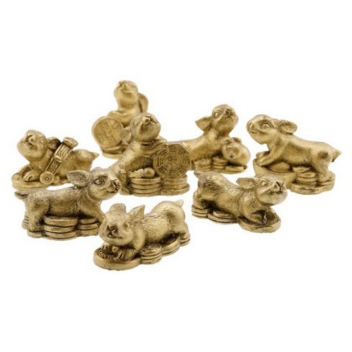 GOBI® Set 8 statuete Feng Shui Iepuras din rasina aurie, 4-5cm