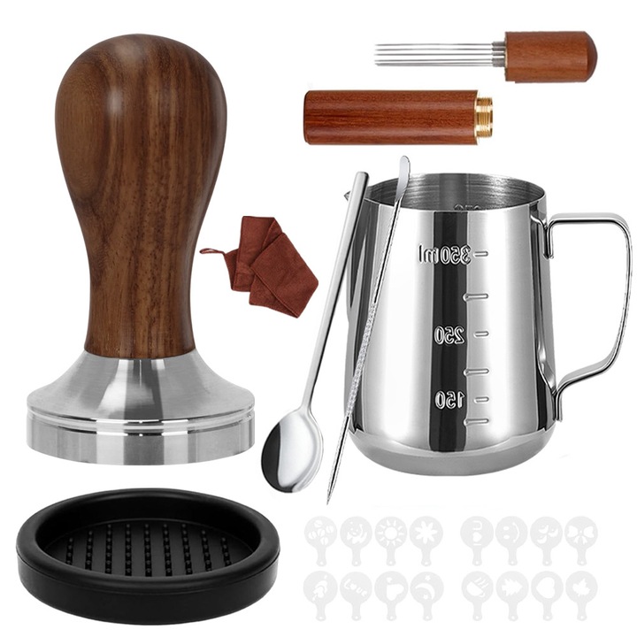 Tamper de Cafea Profesionala, BYONDSELF®, 28Pcs, 51mm, 350 ml, Otel Inoxidabil, stilou de arta latte, agitator de cafea, tampon de tamper, 16 sabloane de cafea, panza de vase, Maro