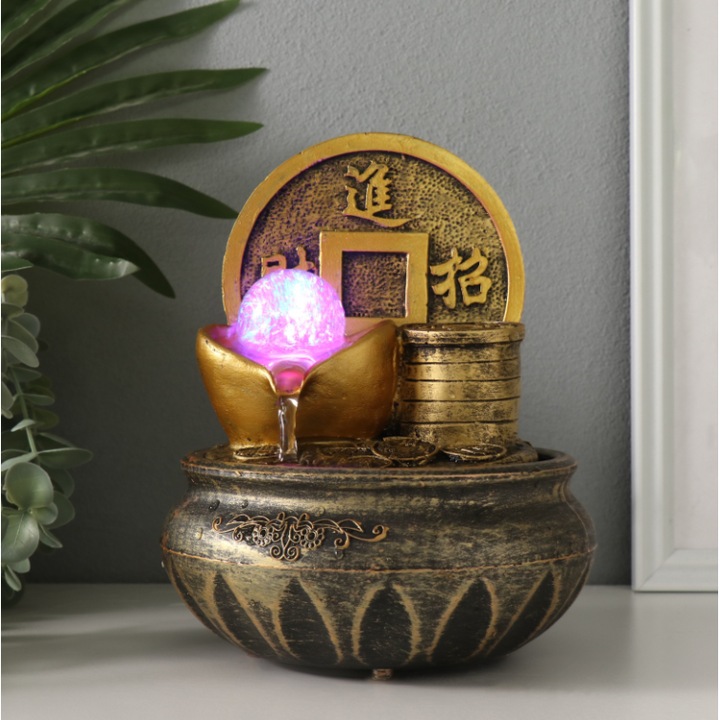 Fantana arteziana electrica, lumina led, decoratiune Feng Shui pentru interior, monezi chinezesti 19,5x16 cm