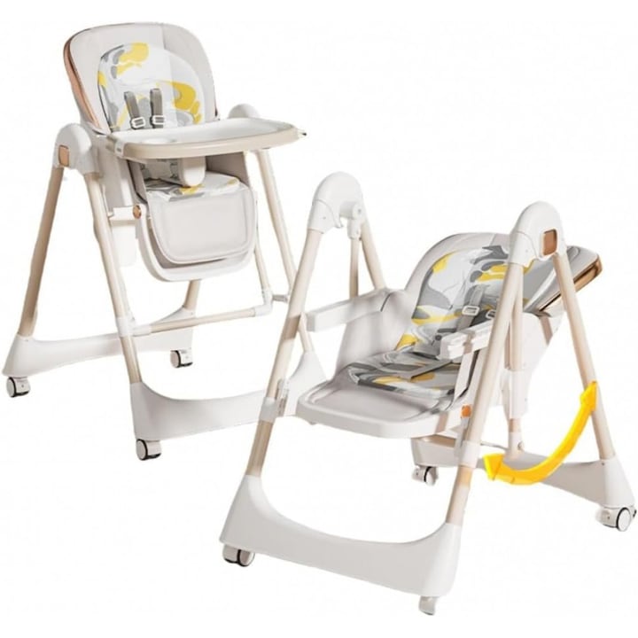 Scaun de masa pentru bebelusi Little Mom Grey, pliabil, multifunctional cu functie de balansoar, spatar reglabil, centura de siguranta si suport pt picioare, design ergonomic, structura piramidala cu roti, 61.5 x 83 x 98 cm