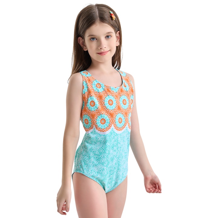 Costum de baie pentru fete, SOLOCOTE, poliester, Portocaliu/Albastru