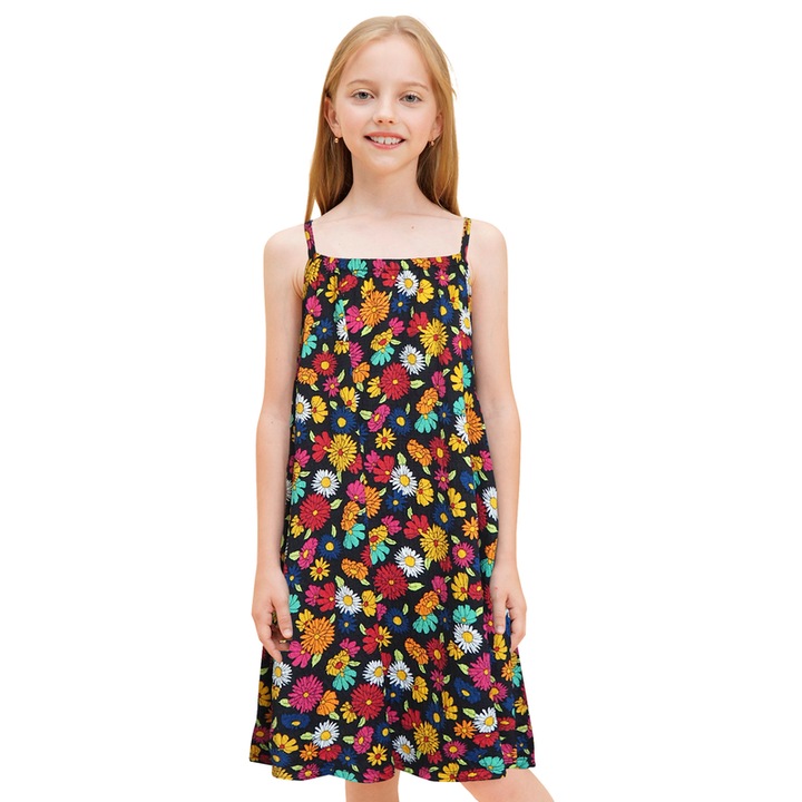 Rochie fete, SOLOCOTE, fara maneci, volane, neagra, poliester, Negru