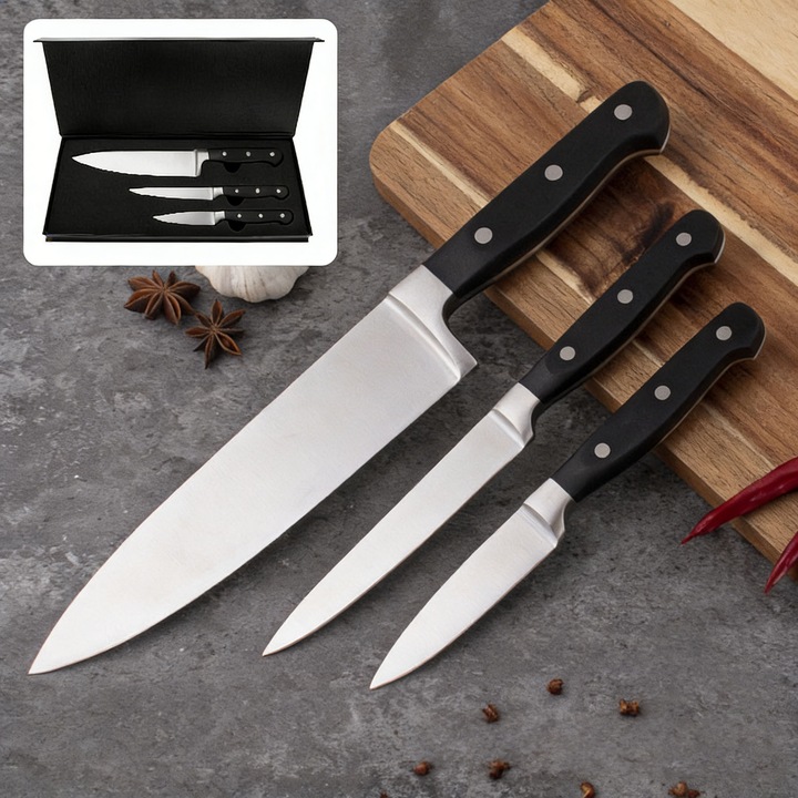 Set Cadou de 3 Cutite de Bucatarie din Otel Inoxidabil cu Manere din ABS, Tioialz®, Include Cutit de Curatat Fructe, Cutit Universal si Cutit de Bucatar, Potrivit pentru Casa si Uz Comercial