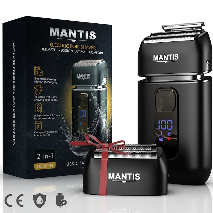 Електрическа самобръсначка MANTIS 2-в-1, мокро и сухо бръснене IPX6, самобръсначка + тример, 2 скорости, LED дисплей, заключване за пътуване, 90 мин работа, USB-C зареждане, тънки фолийни остриета, 1 резервна глава, компактен и лек, тих мотор, ABS корпус