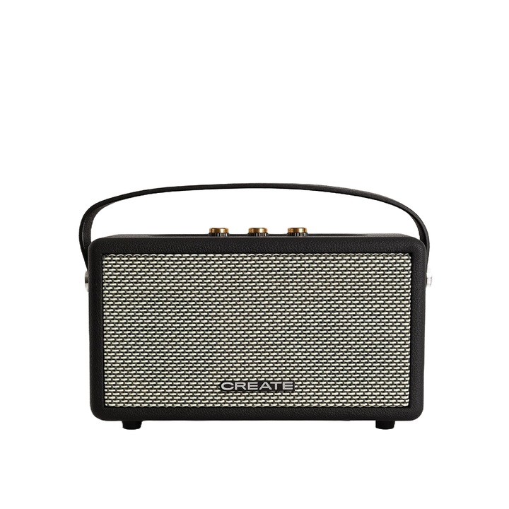 CREATE hordozható vezeték nélküli hangszóró, retró hangszóró, Bluetooth 5.0, USB C típusú, AUX, LED kijelzők, mono hangzás, akkumulátor, 3-5 óra üzemidő, hordozófogantyú, fekete