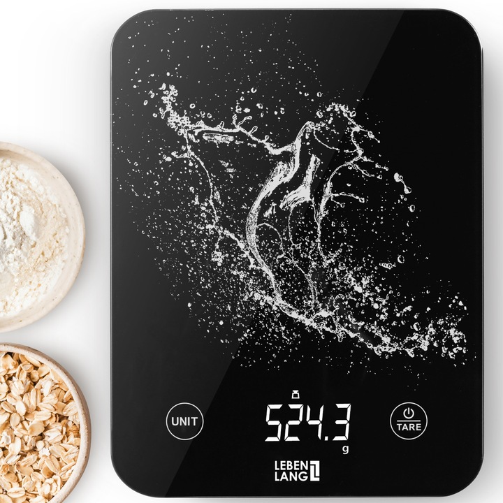 Cantar de Bucatarie Digital LEBENLANG – Reincarcabil USB, 10 kg Capacitate, Precizie 1g, Ecran LCD, Functie TARA, Rezistent la Apa – Ideal pentru Retete, Diete si Cafea, Negru