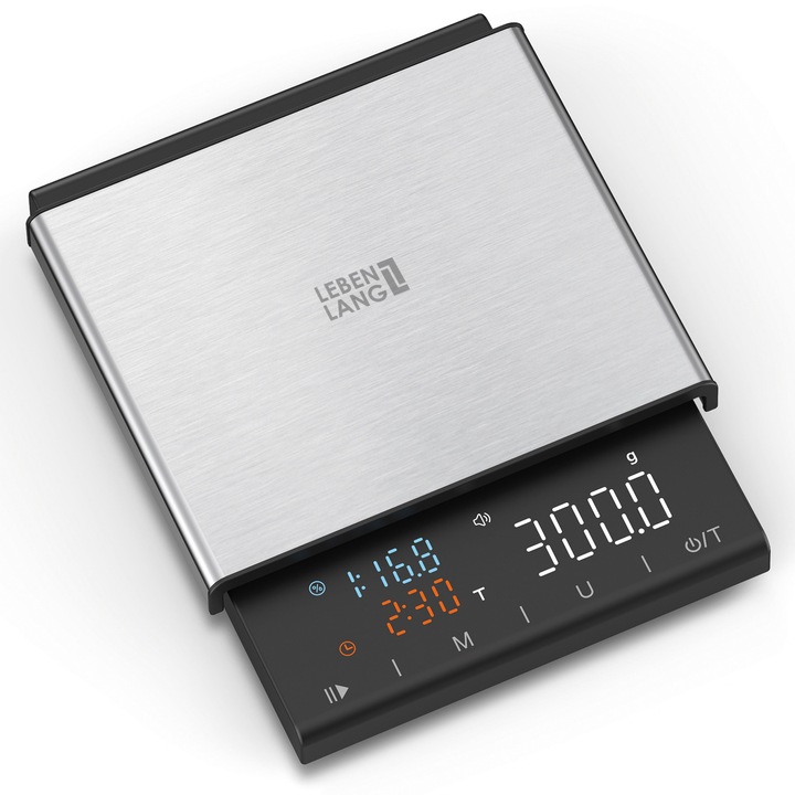 Cantar Digital Profesional pentru Cafea LEBENLANG – Precizie 0,1 g, Cronometru Integrat pentru Espresso si Filtru, USB Reincarcabil, Functie TARA, Afisaj LCD cu Iluminare, Capacitate 3 kg – Ideal pentru Barista, Acasa sau in Cafenea, Negru Argintiu