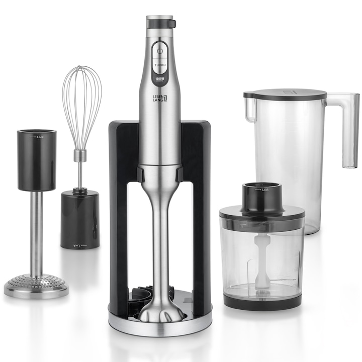 Blender de mana LEBENLANG 1200W Premium, cu motor puternic si lame inox dublu-tais, set complet 5-in-1 cu tel, piure, tocator si zdrobitor, viteza continuu reglabila si functie turbo pentru mixare precisa, suport compact pentru depozitare