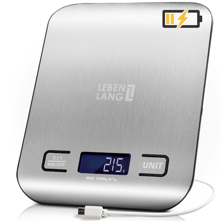 Cantar de Bucatarie Digital LEBENLANG – Reincarcabil USB, 10 kg Capacitate, Precizie 1g, Ecran LCD, Functie TARA, Rezistent la Apa – Ideal pentru Retete, Diete si Cafea, Argintiu