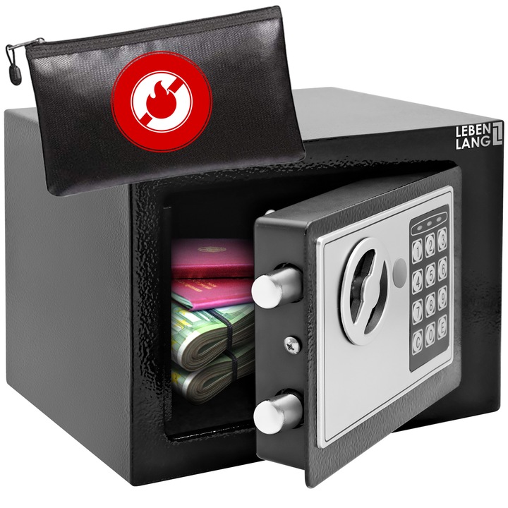 LEBENLANG 5L acél széf, elektronikus - kódzár és kulcs, tűzálló fedél, falra vagy padlóra szerelhető, betörésgátló és riasztó funkció, dupla biztonság, 27x23x23cm, tartozékokkal