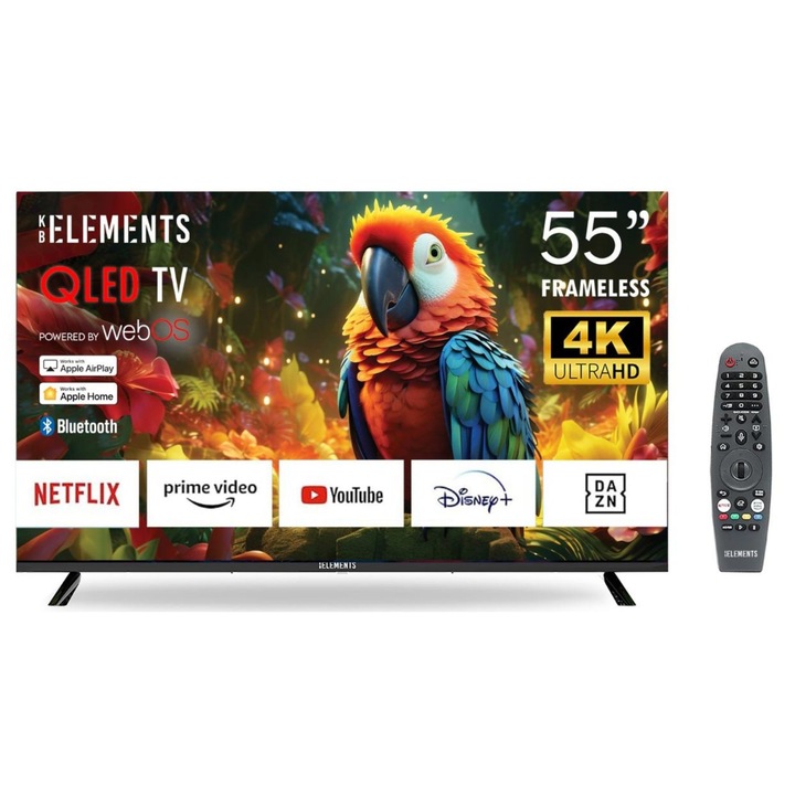 QLED телевизор KB Elements 55''/139 см диагонал, UHD 4K+HDR, Smart TV WebOS, Advanced Magic Control, Dolby Audio, Android 14.0, 3 x HDMI, 2 x USB, BUILT-IN-RECEIVER: DVB-T, T2, S2, OPTICAL, ANTENNA COMPONENT IN (Y-Pb-Pr) AV VIDEO IN, RCA AUDIO IN, WIFI