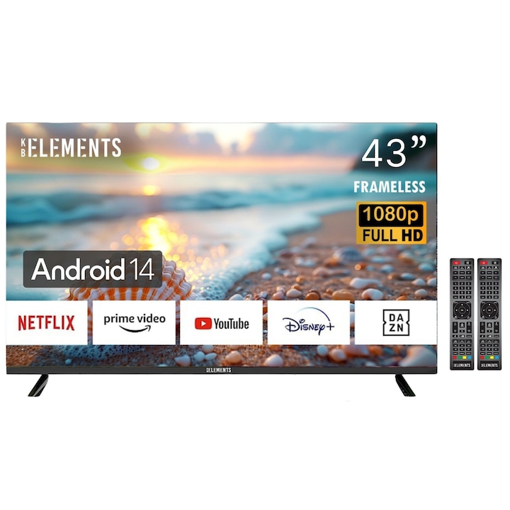 KB Elements LED телевизор 43''/109 см диагонал, Full HD, Smart TV, Dolby Audio, Android 14.0, БЕЗЖИЧНА ВРЪЗКА + ETHERNET, HIFI ВИСОКОГОВОРИТЕЛ, 3 x HDMI, 2 x USB, АНТЕНА AV ВИДЕО, Енергиен клас E