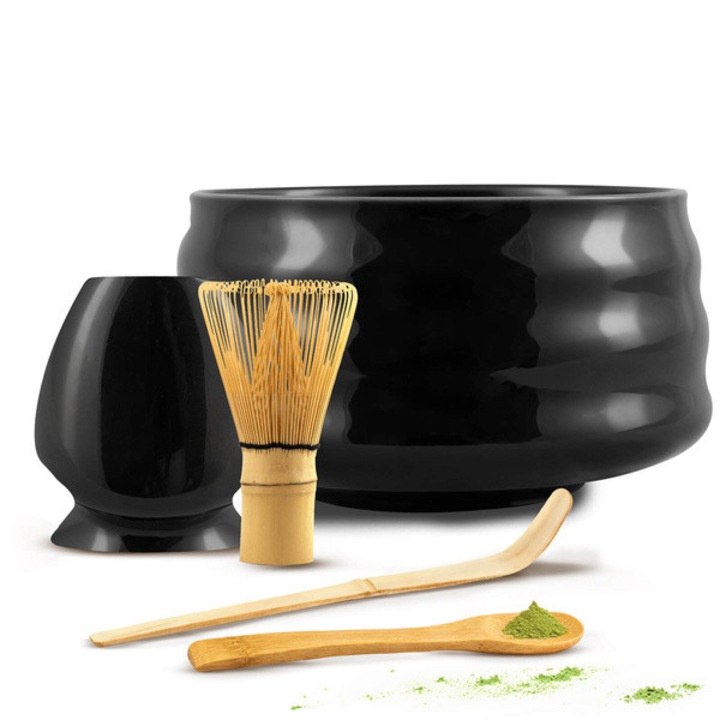 Matcha Teáskészlet, Kerámia Habverőtartó, Natúr Bambusz Chasen, Chashaku, Fekete Tál, 500ml, Habverő és Kanál Készlet a Hagyományos Elkészítéshez
