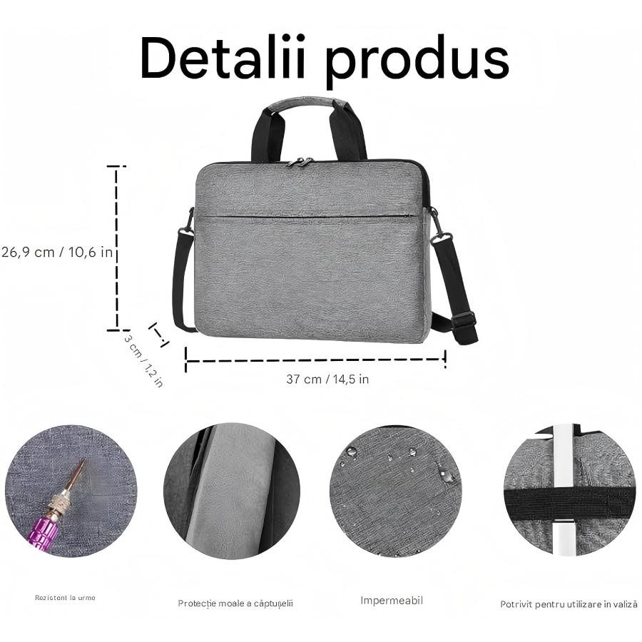 Geanta laptop, 15.6 inch, realizata 65% din materiale reciclate, material rezistent la apa, usoara, curea de umar captusita, ompatibila Macbook Pro, Air, notebook, ultrabook, Gri