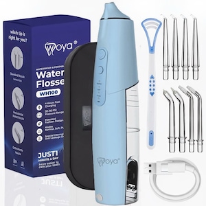 Irigator Bucal pentru Dus Bucal Portabil, Woya® WH100, Rezistent la Apa, 8 Duze Profesionale, Limba si Parodontita, 6 Programe de Curatare, Oral, 2 Niveluri de Intensitate, Pulsare 1400 Oscilatii/min, Baterie 2000mAh, Rezervor 200 ml, Fara Fir, Albastru