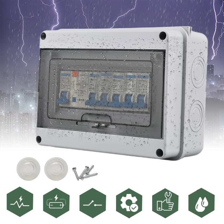 Siguranta electrica automata Puepoul, 8 module, cu cutie de distributie impermeabila, protectie la scurtcircuit la suprasarcina si scurgeri la pamant pentru exterior, 63A 220V (6A 10A 20A 32A), pentru uz exterior, casnic, industrial si comercial