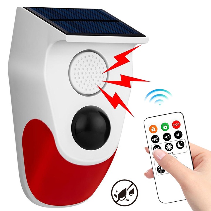 Комплект за аларма със сензор за движение, соларна, Noonedibs, външна алармена сирена с дистанционно управление, 120 db звук, охранителна сирена, регулируема сила на звука, персонализиран глас, IP65 водоустойчива за дома, фермата, плевнята