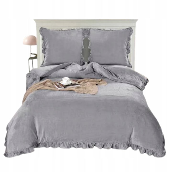 Set De Lenjerie De Pat, Polar, Shf-2578, 160x200 cm, Gri Deschis, Material Velur, Compozitie 100% Microfibra, Tip Inchidere Cu Fermoar, Hipoalergenica