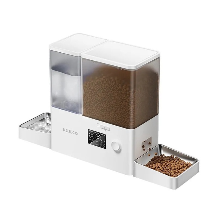 Фонтан за вода за домашни любимци Rojeco 2 в 1 3, 5 литра и хранилка 5 литра, версия с бутон (бял)