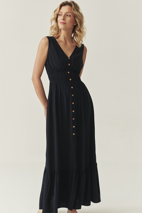 TATUUM, Rochie maxi cu decolteu in V si terminatie cu volane, Negru