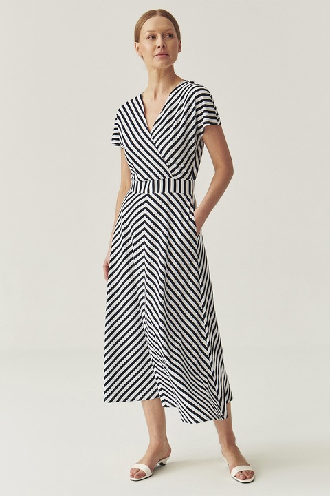 TATUUM, Rochie midi din amestec de modal cu croiala in A, model in dungi si decolteu in V, Negru/Alb optic