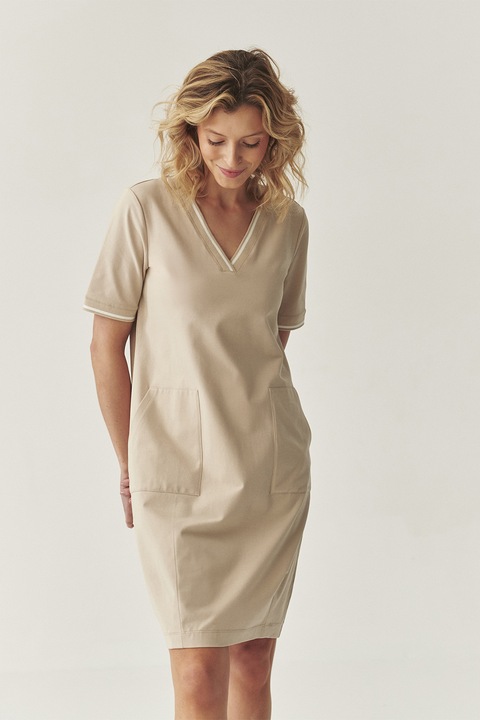 TATUUM, Rochie dreapta cu decolteu in V si buzunare, Bej