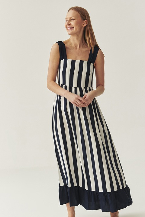 TATUUM, Rochie lunga cu croiala dreapta si model in dungi, Negru, Alb optic, 34