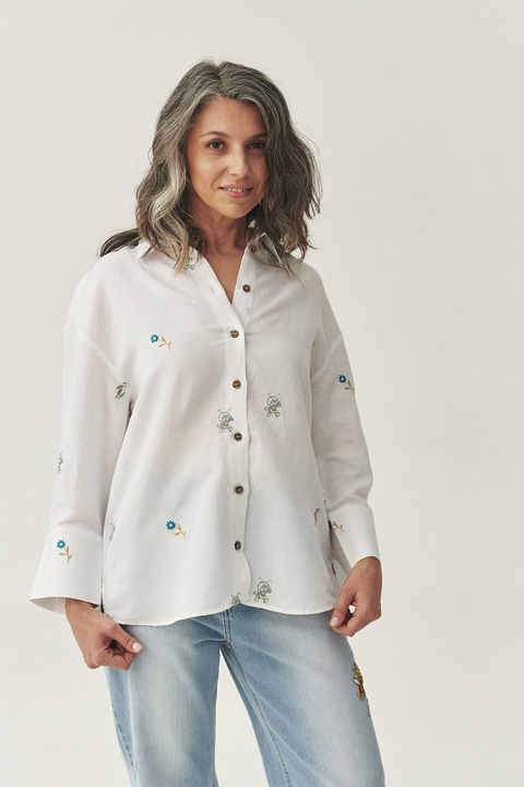 TATUUM, Camasa din amestec de in cu detalii brodate, Alb murdar