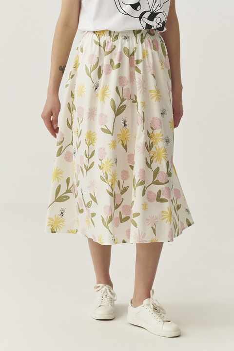 TATUUM, Fusta evazata cu model floral si talie elastica, Galben pal/Alb murdar/Verde feriga