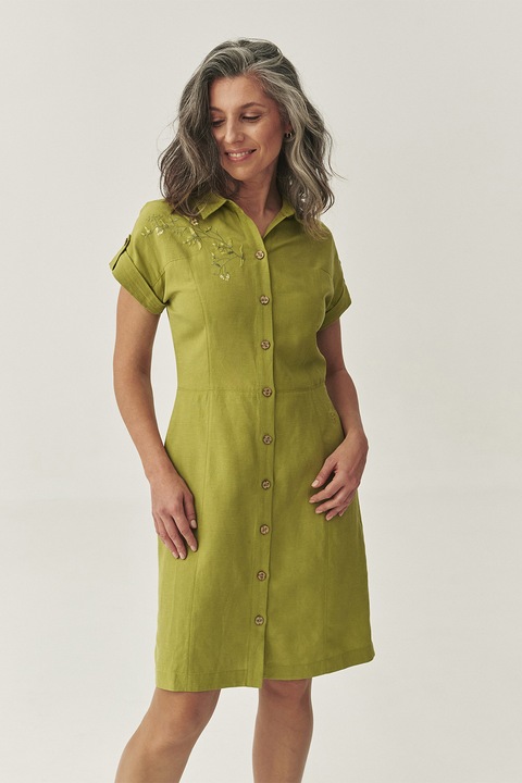 TATUUM, Rochie din amestec de in si lyocell cu detaliu floral brodat, Verde masliniu