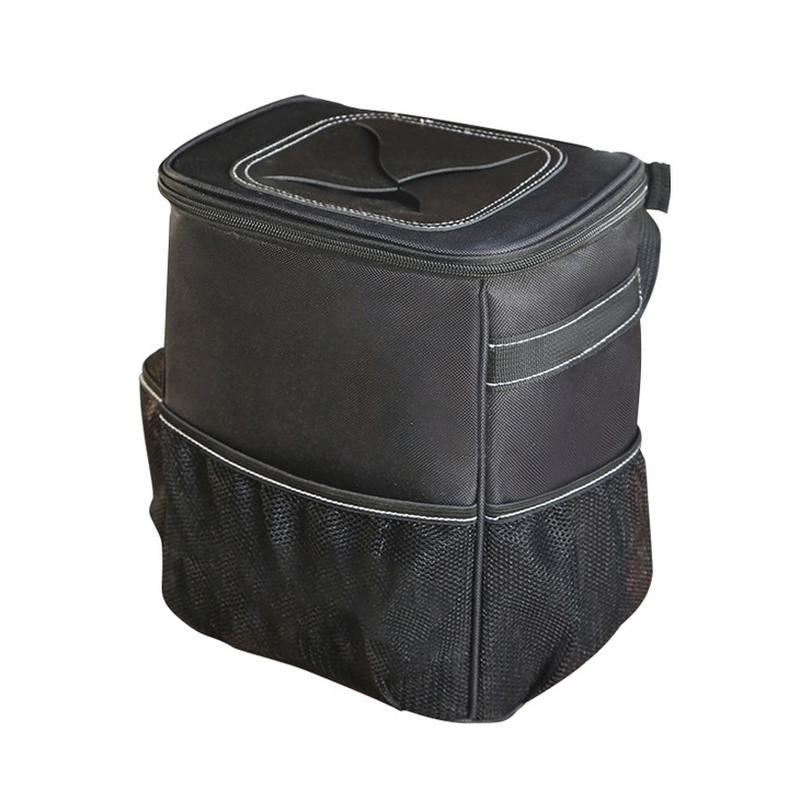 Cos de gunoi auto cu maner pentru tetiera, cu capac cu fermoar, buzunar de depozitare, organizator auto, potrivit universal, poliester, impermeabil, Dimensiune: 21*16 * 26cm, negru