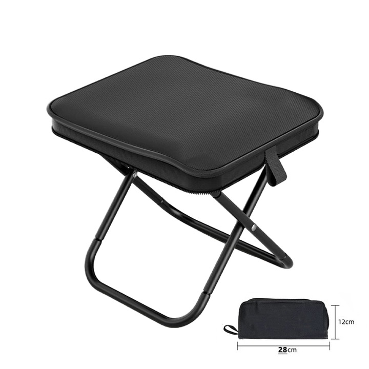 Scaun de pescuit/camping, pliabil, mini si portabil, din otel carbon, usor, cu capacitate de incarcare de 120 kg, de culoare neagra