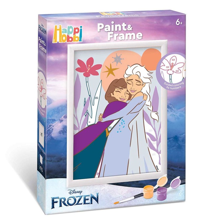 Комплект за рисуване HappiHobbi Paint & Frame, Замръзналото кралство, 10 акрилни бои, предварително отпечатан картон, пластмасова рамка