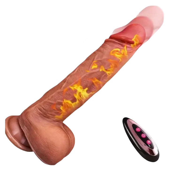 Vibrator Dildo Ultra Realistic, 19.5 cm, Scalare (telescopic, diferite moduri de penetrare), functie incalzire, vibratie, rotatie, ventuza, punct G, clitoris, anal, rezistent la apa, textura imita pielea umana, incarcare USB, telecomanda wireless