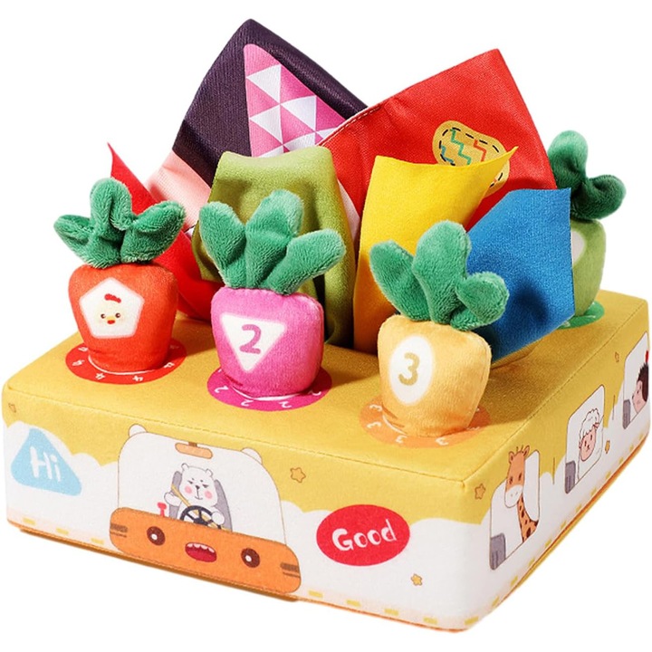 Кутия играчка за бебешки кърпички, AYSTOAYS®, текстилен материал, без BPA, с шумоляща хартия, за бебета 6-24 месеца, 17.5 x 17.5 x 6 см, Жълта