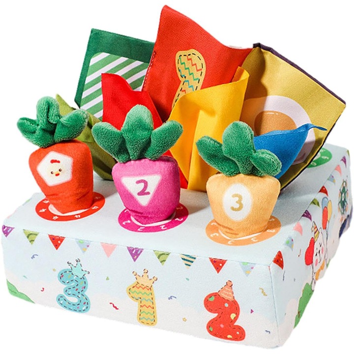 Babatörlőkendő játékdoboz, AYSTOAYS®, textil anyagú, BPA-mentes, szórakoztató csörgőpapírral, 6-24 hónapos babáknak, 17.5 x 17.5 x 6 cm, Fehér