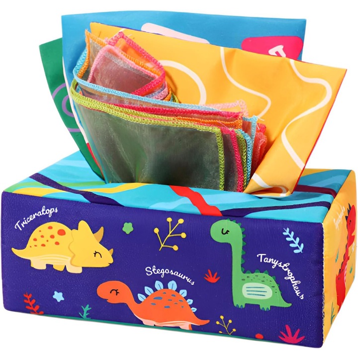 Szalvétás játéktartó doboz babáknak, AYSTOAYS®, textil anyag, BPA-mentes, Csörgőpapírral, 6-24 hónapos babáknak, 18 x 10 x 8 cm, Sötétkék