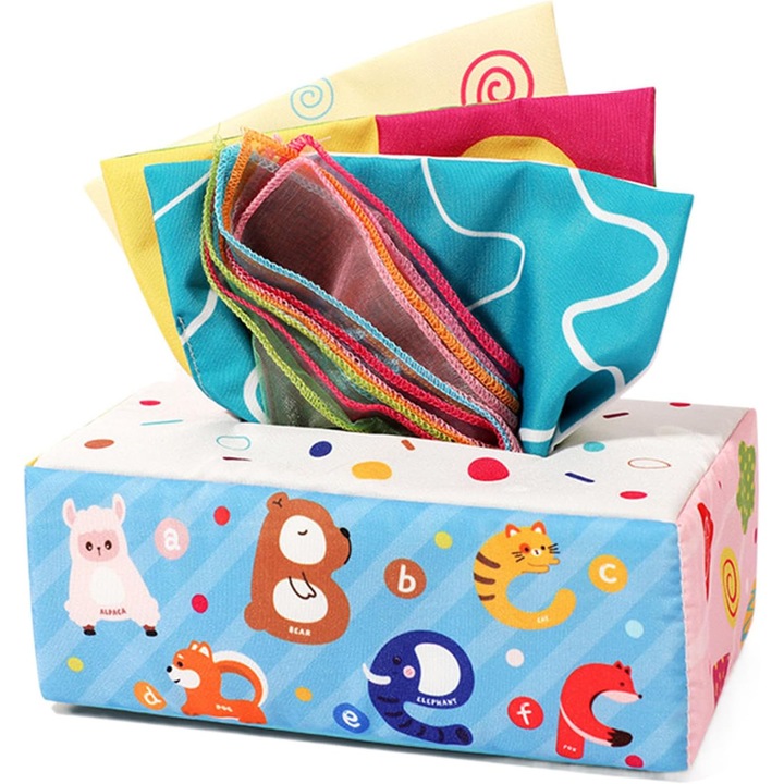 Babakendő játéktartó doboz, AYSTOAYS®, textil anyagból, BPA-mentes, szórakoztató csörgő papírral, 6-24 hónapos babáknak, 18 x 10 x 8 cm, Világoskék