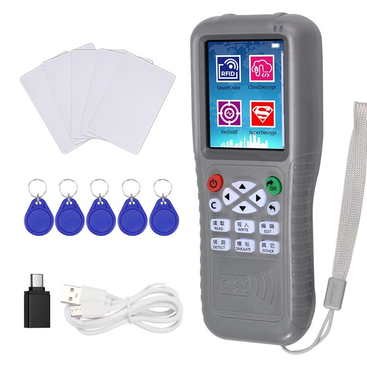 Set copiator si cititor RFID, WALALLA, cu breloc T57, card UID, OTG, ecran HD color de 3,2 inci, cu 11 frecvente programabile, design compact si portabil, gri
