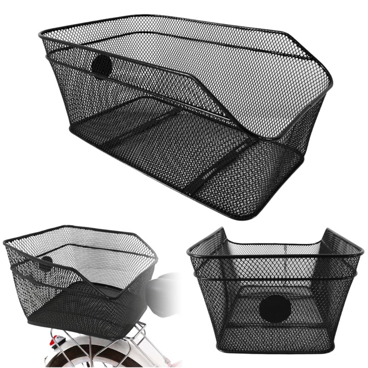 Cos De Bicicleta, Gearox, 24x30x18 Cm, Metalic, Capacitate Mare, Montaj Usor Pe Suport, Constructie Deschisa Din Plasa, Negru