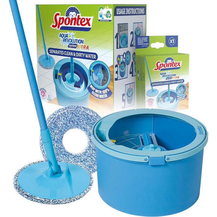 Set Mop cu Galeata, Spontex Aqua Revolution System X'tra, Separare Apa Curata/Murdara, Cap Rotativ si Rezerva din Microfibra
