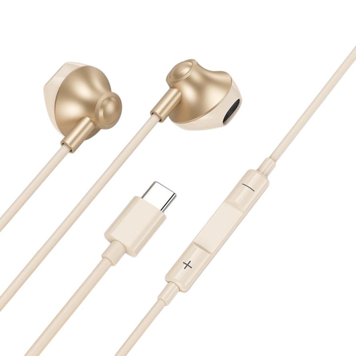 Vezetékes fejhallgató, USB-C, ergonomikus kialakítás, arany, 1,2 m hosszú