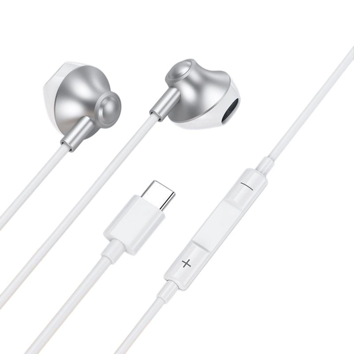 Vezetékes fülhallgató, USB-C, ergonomikus kialakítás, fehér, 1,2 m