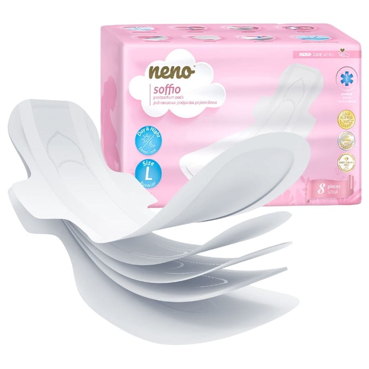 Eldobható szülés utáni bugyi, Neno, Soffio, súly 19 G ± 2 G, tartós és biztonságos anyagokból készült, rétegek száma 5, szárnyak száma 4, L méret, 42,5 cm x 18 cm ± 4 cm, fehér