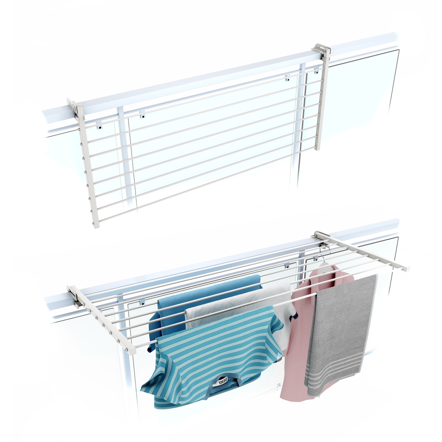Suport de uscat rufe Foxydry Duo 118 cm, montaj pe balustrada