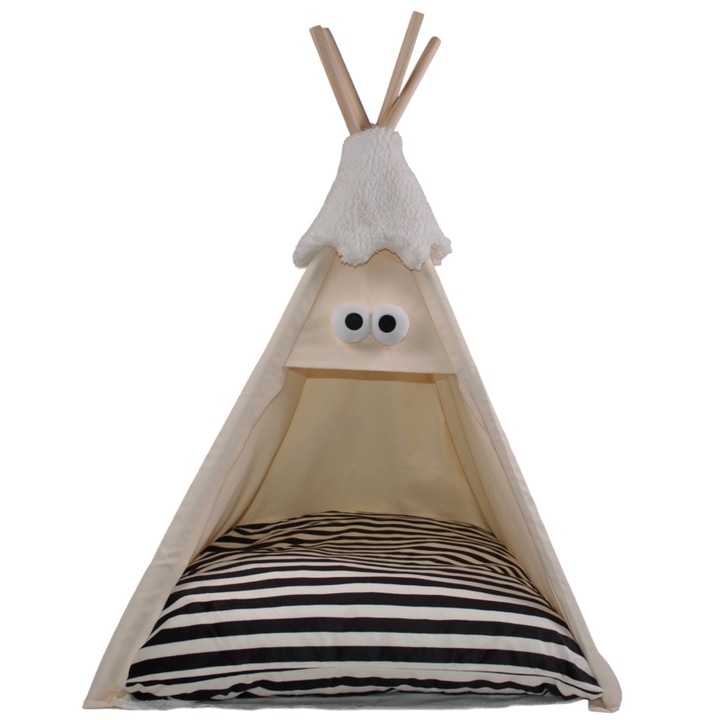 Cort teepee pentru animale de companie, Cream Apricot, 60x60x78 cm, cadru lemn, perna inclusa, antiderapant