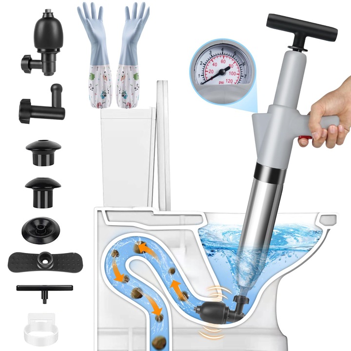 Pompa cu Aer Comprimat, pentru Desfundat Tevi Infundate de Chiuveta, Scurgere Infundata, Canalizare, WC, Instalatii Sanitare, 8 Accesorii, Pompa, ABS/Otel Inoxidabil, Cu Manometru