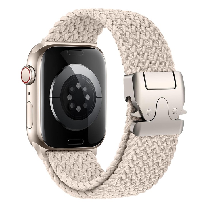 Curea Apple Watch sport, elastica din nailon impletit cu catarama tip parasuta, confortabila si moderna, compatibila Ultra 2/Ultra/Seria 10 9 8 7 6 5 4 3 2 1 SE, 42/41/40/38 mm – activitati zilnice – Starlight