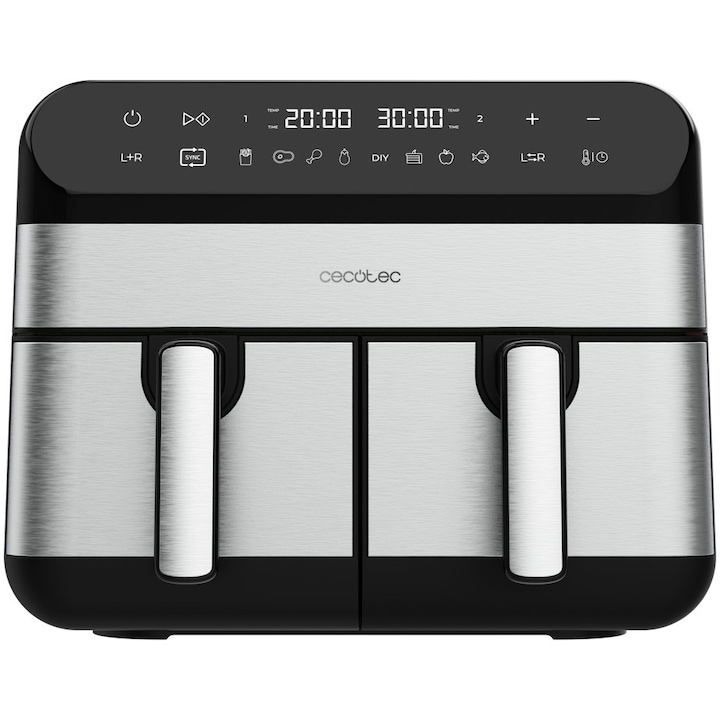 Дигитален фритюрник с горещ въздух Cecotec Cecofry Advance 9000 3489_crs, 2800 W, Капацитет 9 л, Иноксово покритие, Две кошници с двойна температура, 30-200 градуса, 8 програми, Черен