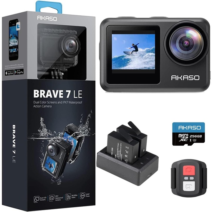Camera de actiune AKASO Brave 7 LE, 4K 30FPS, 20MP, EIS 2.0, Dual Screen, Touchscreen, Waterproof 40m cu Carcasa, WiFi, IPX7, card 256GB si 2 baterii 1350mAh